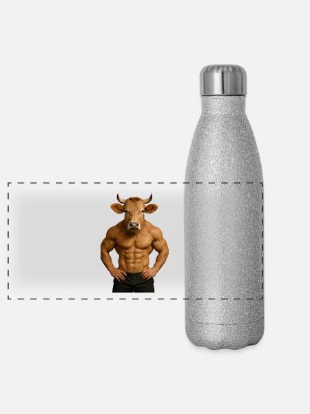 Muskulöser Stierkopf - Panorama Glitzer Isolierflasche 500 ml - Silber Glitzer
