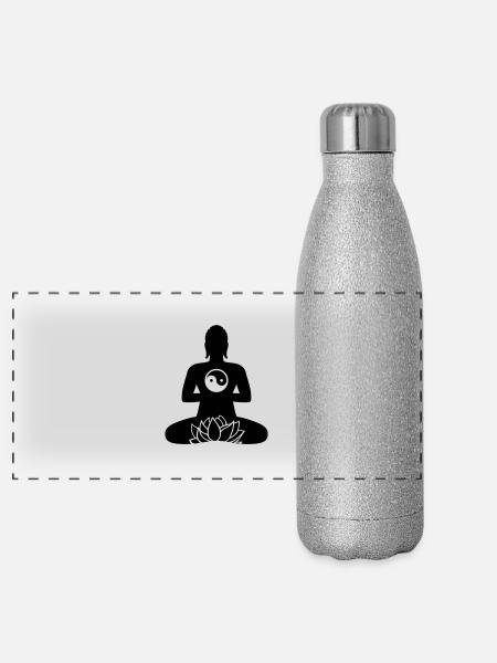 BOUDDHA 01e | Lotus et Yin Yang - Gourde isotherme panoramique pailletée 500 ml - paillettes argentées - Devant