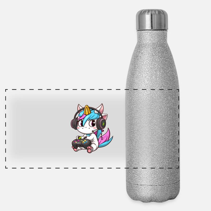 00234 süßes Einhorn mit Headset und Controller Panorama Glitzer Isolierflasche 500 ml