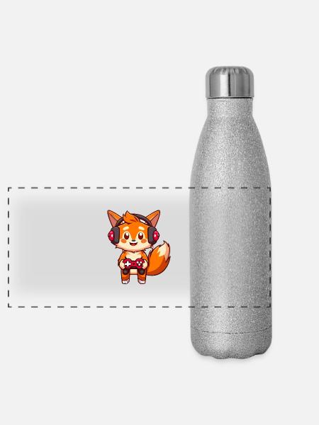 00237 roter Fuchs mit Kopfhörer und Controller - Panorama Glitzer Isolierflasche 500 ml - Silber Glitzer - Vorne