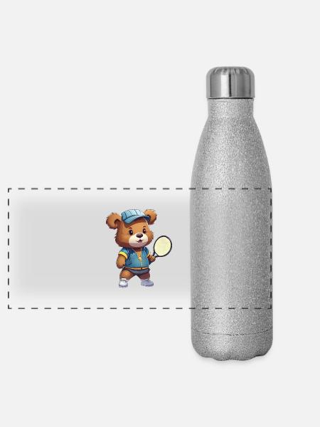 Ours mignon en tant que joueur de tennis et de badminton - - Gourde isotherme panoramique pailletée 500 ml - paillettes argentées - Devant