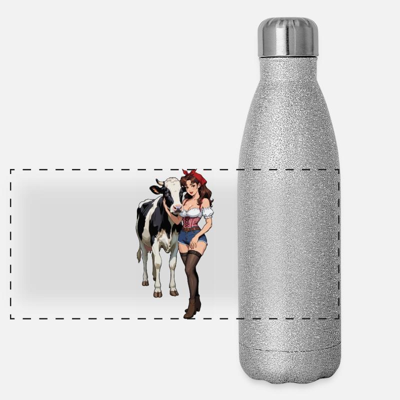 Fermière pin-up avec vache Gourde isotherme panoramique pailletée 500 ml
