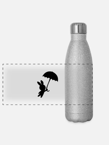 Hase Kaninchen Regenschirm Herbst fliegen Sturm - Panorama Glitzer Isolierflasche 500 ml - Silber Glitzer - Vorne