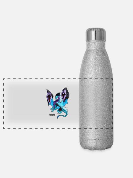 Drachen-Shirt, Dragon, handgezeichnet, ROUGHDESIGN - Panorama Glitzer Isolierflasche 500 ml - Silber Glitzer - Vorne
