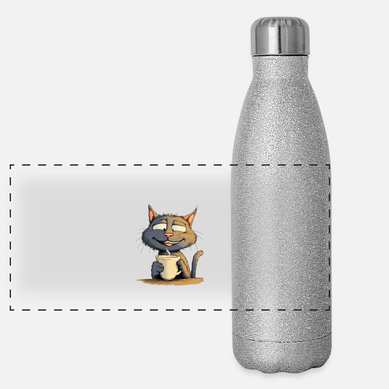 Zufriedene Katze mit Kaffee - Comic-Stil Panorama Glitzer Isolierflasche 500 ml