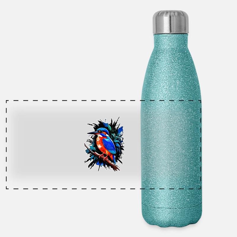 Eisvogel im Dschungel – Farbenfrohes Vogelmotiv Panorama Glitzer Isolierflasche 500 ml