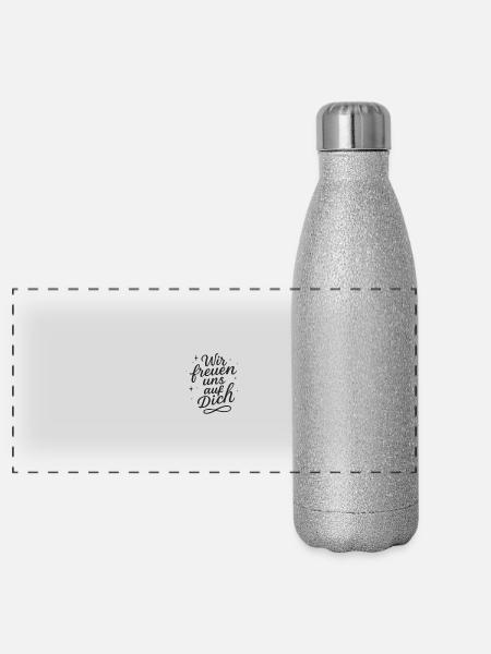 Wir freuen uns auf dich - Panorama Glitzer Isolierflasche 500 ml - Silber Glitzer - Vorne