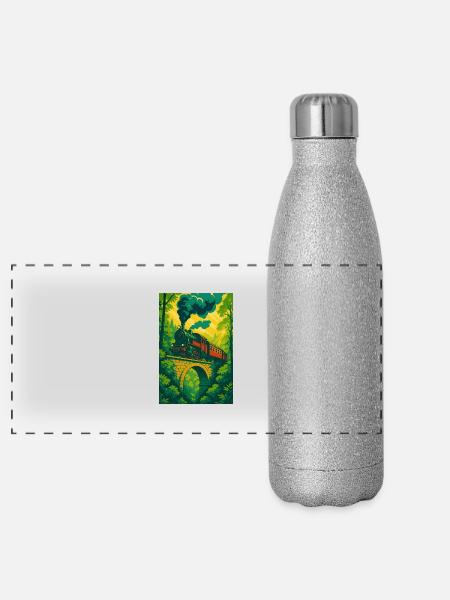 Eisenbahn Dampflok Zug Wald Brücke - Panorama Glitzer Isolierflasche 500 ml - Silber Glitzer - Vorne