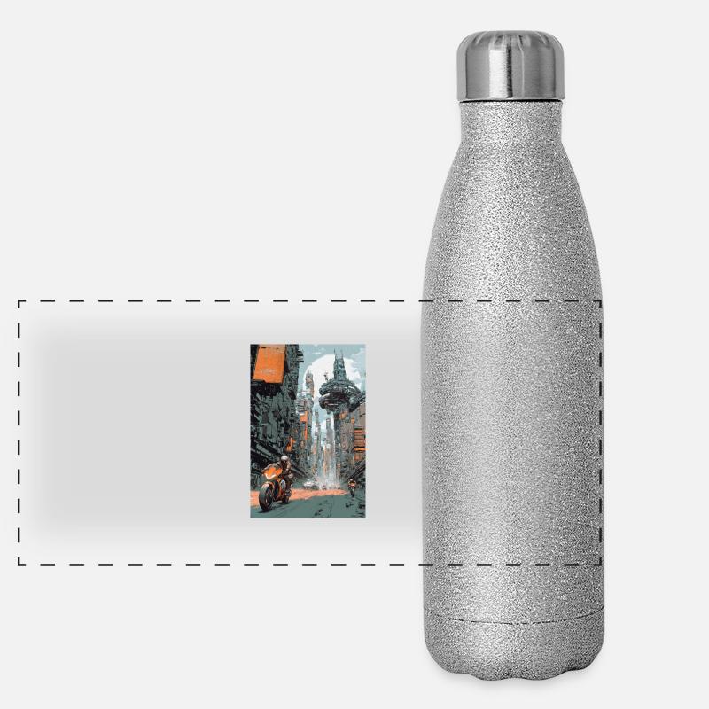 Balade à vélo futuriste à travers Neon City Gourde isotherme panoramique pailletée 500 ml