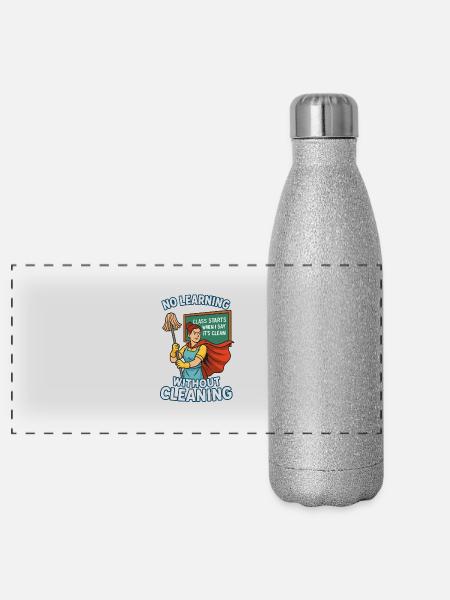 No Learning Without Cleanliness – Superheroine - Panoramic Glitter Thermal Bottle 500 ml - silver glitter - Front