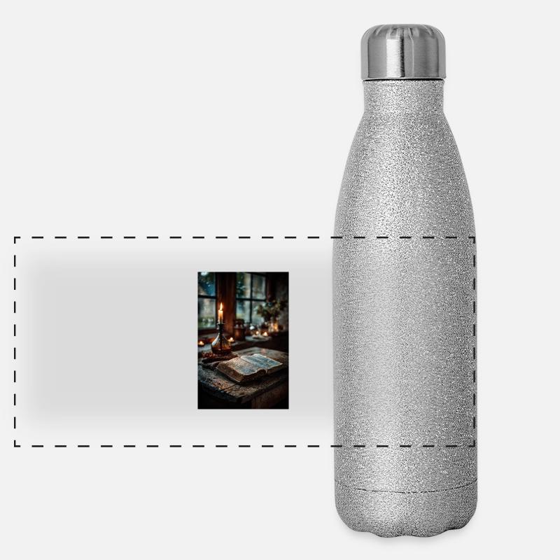 Szene mit altem Buch bei Kerzenschein Panorama Glitzer Isolierflasche 500 ml