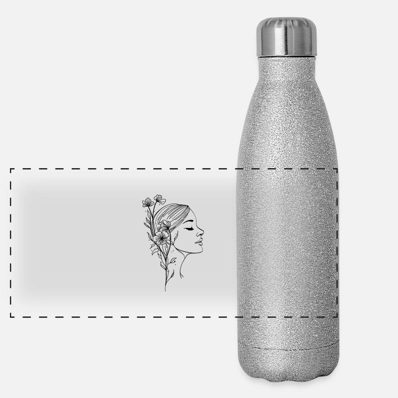 Femme de profil avec une silhouette fleurie Gourde isotherme panoramique pailletée 500 ml