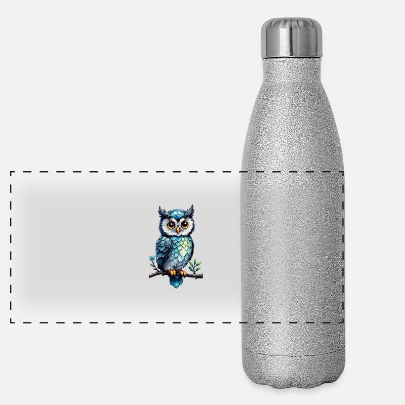 Eule auf einem blühenden Ast 1 Panorama Glitzer Isolierflasche 500 ml