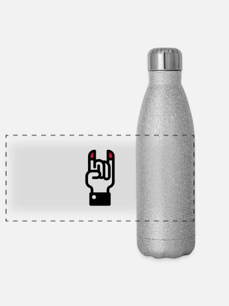 Teufelshörner Handzeichen / Devil's Horns Hand - Panorama Glitzer Isolierflasche 500 ml - Silber Glitzer - Vorne