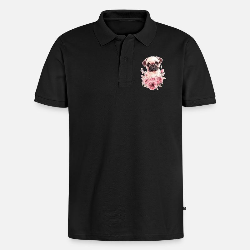 Mops mit Blumen - Männer Premium Bio Polo Shirt - Schwarz