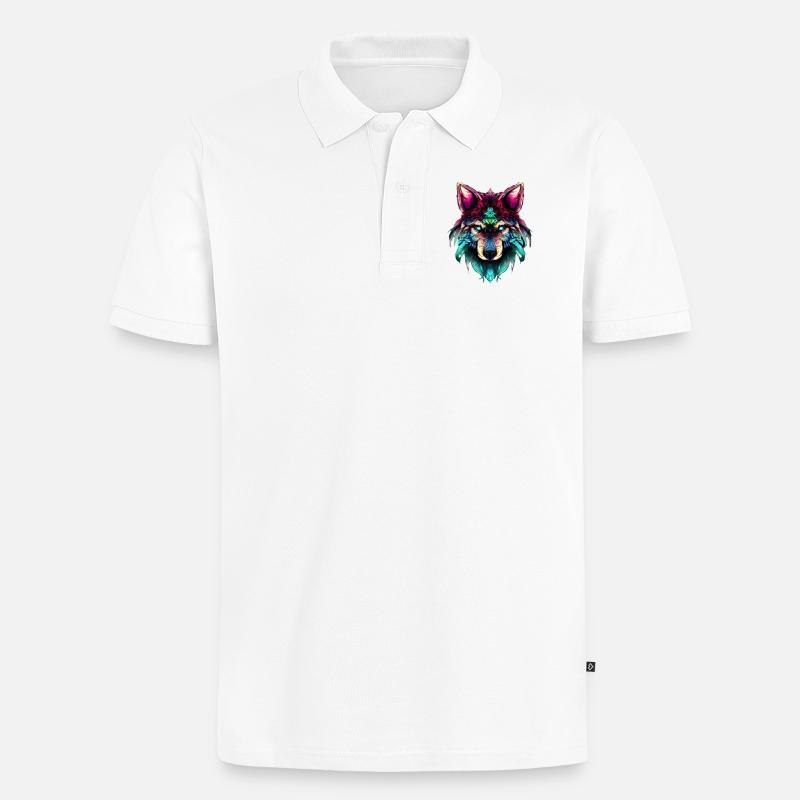 Mystischer Wolf Synthwave Wolfskopf - Männer Premium Bio Polo Shirt - Weiß