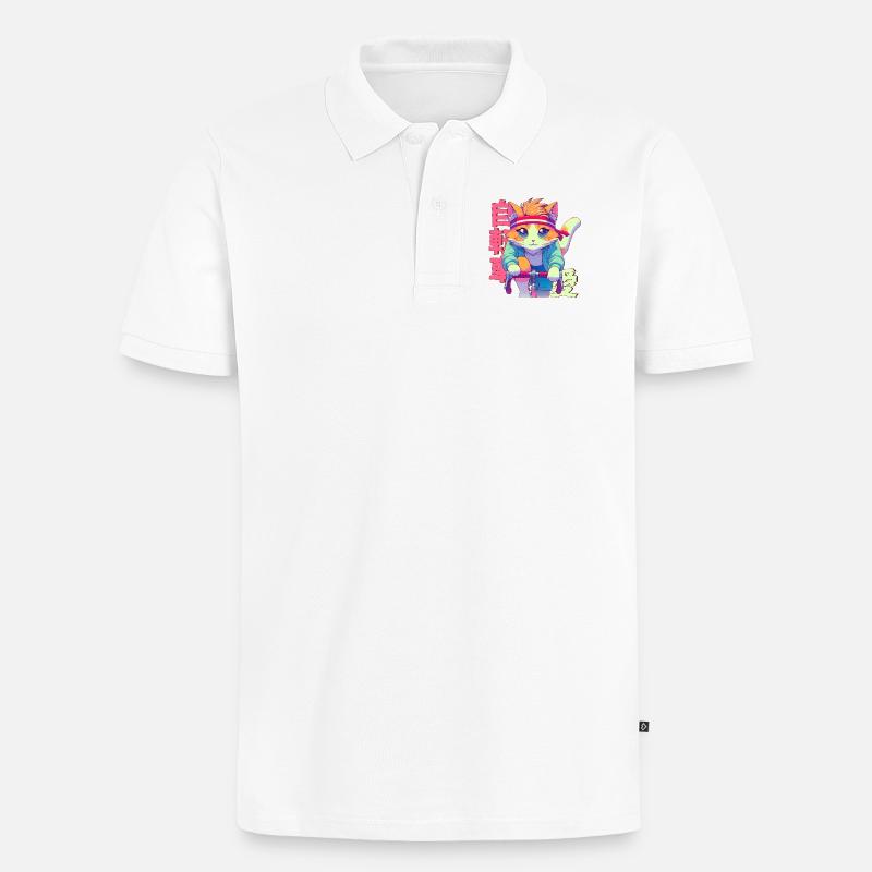 Radfahrender Anime Katze Neko - Männer Premium Bio Polo Shirt - Weiß