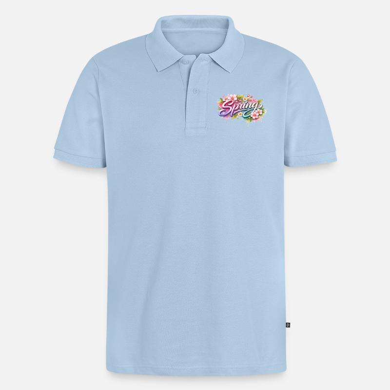 Lettrage printanier avec fleurs Description - Polo bio Premium Homme - bleu clair