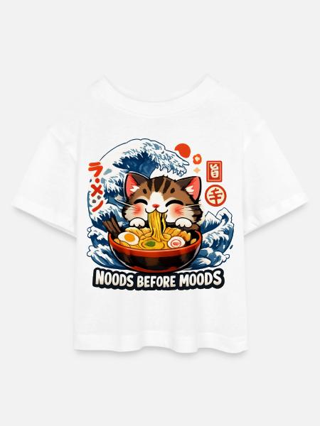 Ramen Neko Great Wave - Teen Cropped Jersey T-Shirt - Weiß