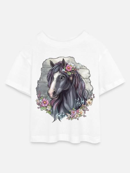 Pferd mit Blüten - Teen Cropped Jersey T-Shirt - Weiß