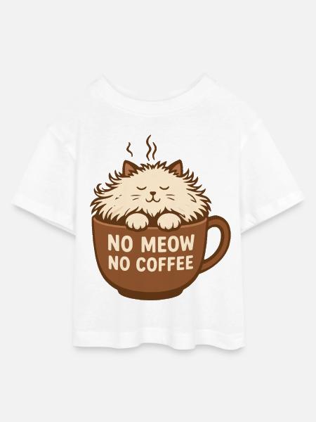 No Meow no Coffee - Teen Cropped Jersey T-Shirt - Weiß