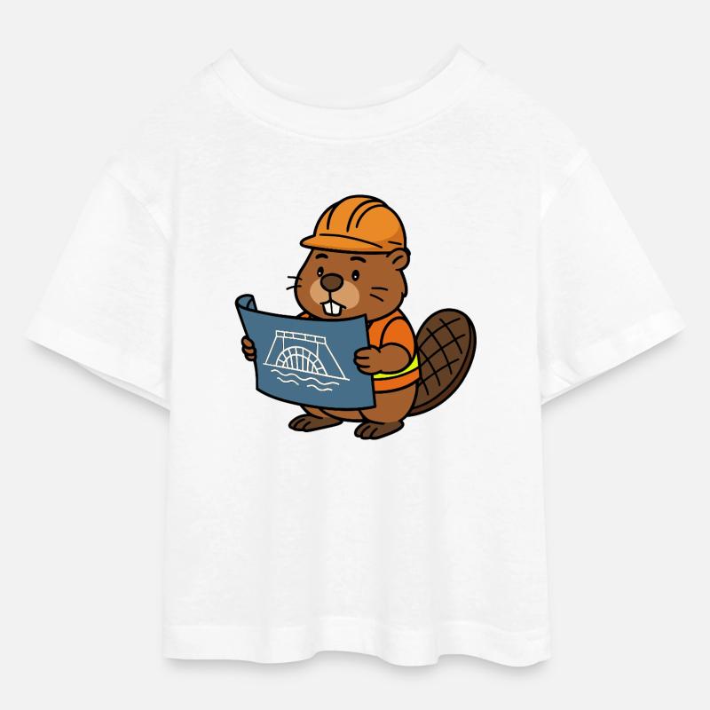 Beaver Construction Worker Bob Master Builder Plan Construction Dam - Teen Cropped Jersey T-Shirt - white