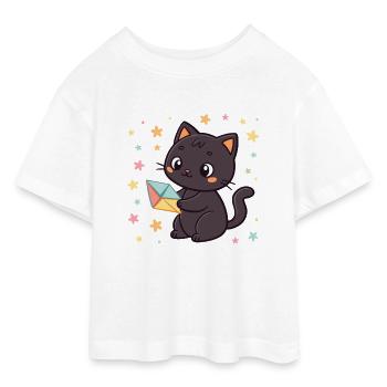 Black Cat and Origami Envelope - Teen Cropped Jersey T-Shirt - white - Front - AI Model Teenager Male dark (155cm)