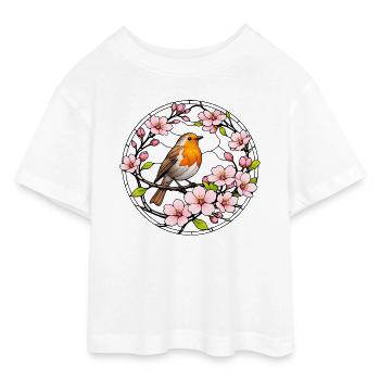 Rotkehlchen mit Kirschblüten Glasfensterstil  - Teen Cropped Jersey T-Shirt - Weiß - Vorne - AI Model Teenager Male dark (155cm)