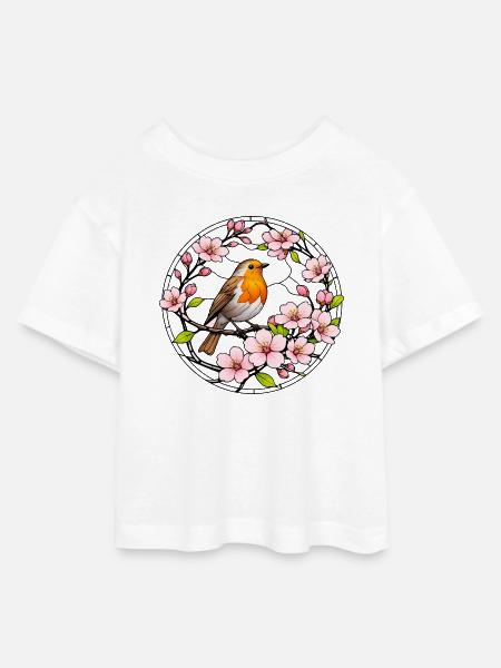 Rotkehlchen mit Kirschblüten Glasfensterstil - Teen Cropped Jersey T-Shirt - Weiß