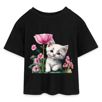 White kitten - Teen Cropped Jersey T-Shirt - black - Front - AI Model Teenager Female light (150cm)