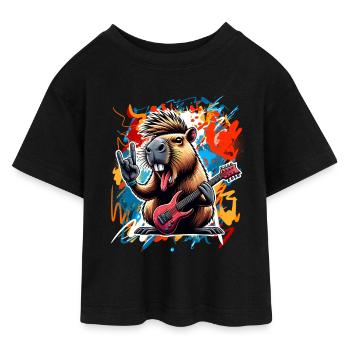 Capybara Rock and Roll Gitarrist - Teen Cropped Jersey T-Shirt - Schwarz - Vorne - AI Model Teenager Female light (150cm)