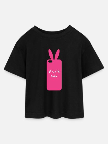 Pink Rabbit Phone Graphic - Teen Cropped Jersey T-Shirt - black