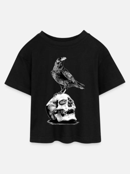 Skull mit Krähe - Teen Cropped Jersey T-Shirt - Schwarz