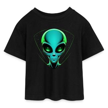 Grüner Alien Kopf – Außerirdische UFO Weltall - Teen Cropped Jersey T-Shirt - Schwarz - Vorne - AI Model Teenager Female light (150cm)