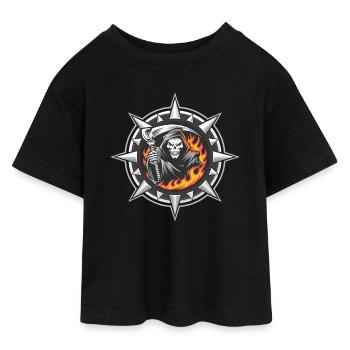 Flaming Reaper on Spiked Crest - Teen Cropped Jersey T-Shirt - black - Front - AI Model Teenager Female light (150cm)