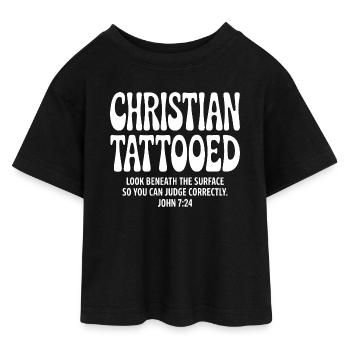 Christliche tätowierte Verstypografie - Teen Cropped Jersey T-Shirt - Schwarz - Vorne - AI Model Teenager Female light (150cm)