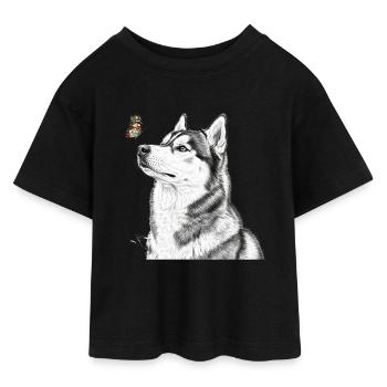 Husky mit Schmetterling Banksy Style Motiv - Teen Cropped Jersey T-Shirt - Schwarz - Vorne - AI Model Teenager Female light (150cm)