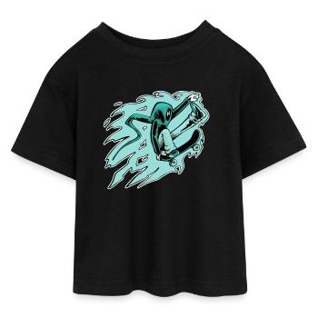 Hooded skateboarder in comet mode - Teen Cropped Jersey T-Shirt - black - Front - AI Model Teenager Female light (150cm)