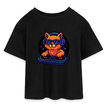 Neon DJ Cat met koptelefoon en platenspeler - Tieners cropped jersey T-shirt - zwart - Voor - AI Model Teenager Female light (150cm)