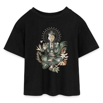 Buddha with exotic flowers and plants - Teen Cropped Jersey T-Shirt - black - Front - AI Model Teenager Female light (150cm)