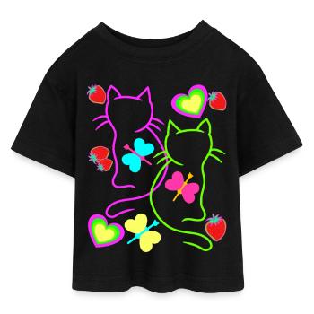 Retro Katzen Erdbeer Sommer 80er Katze Vintage - Teen Cropped Jersey T-Shirt - Schwarz - Vorne - AI Model Teenager Female light (150cm)