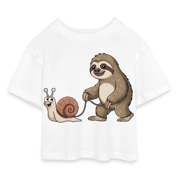 Faultier und Schnecke - Kinder Cropped Jersey T-Shirt - Weiß - Vorne