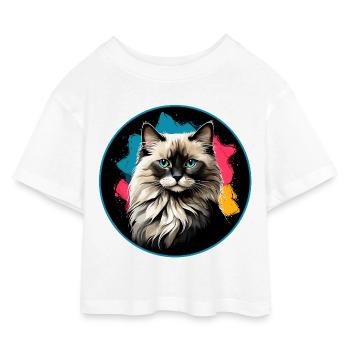 Katzenporträt Neon Spritzer im Kreis - Kinder Cropped Jersey T-Shirt - Weiß - Vorne