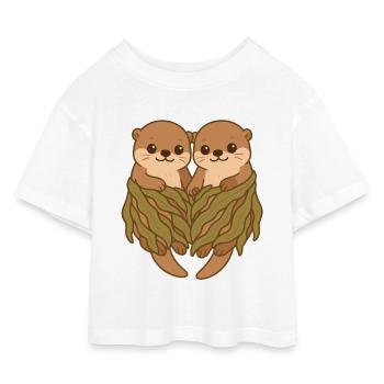 Couple de loutres de mer mignonne en couverture d’algues - T-shirt Crop Top en jersey Enfant - blanc - Devant