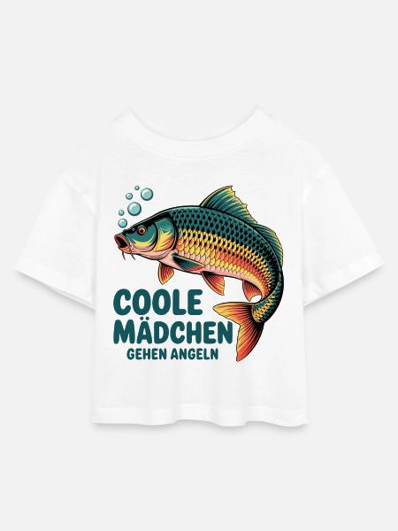 Coole Mädchen Angeln Karpfen - Kinder Cropped Jersey T-Shirt - Weiß