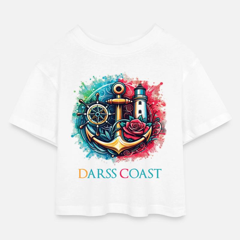 DarssCoast - Wellen Möwe Anker Grafik - Kinder Cropped Jersey T-Shirt - Weiß