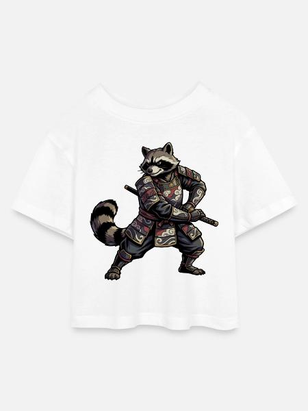 Waschbär Samurai mit Katana - Kinder Cropped Jersey T-Shirt - Weiß