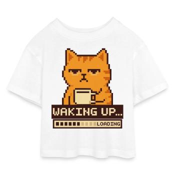 Aufwachen beim Laden – Pixel Cat Funny - Kinder Cropped Jersey T-Shirt - Weiß - Vorne