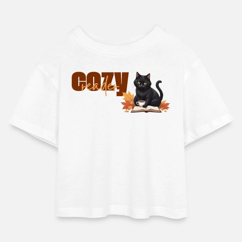 Cozy reader - Herbstlicher Katzenlese-Design - Kinder Cropped Jersey T-Shirt - Weiß