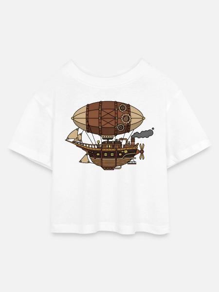 Steampunk Luftschiff - Kinder Cropped Jersey T-Shirt - Weiß